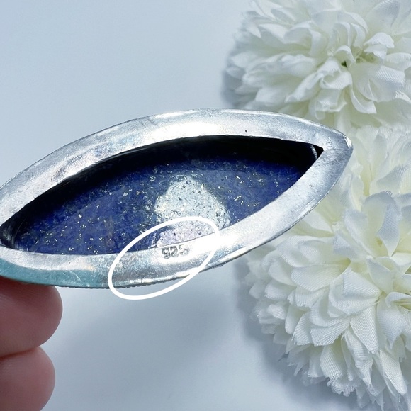 Large Lapis Lazuli Pendant Necklace Sterling Silver 925 Marquise Vintage Antique - Picture 9 of 11